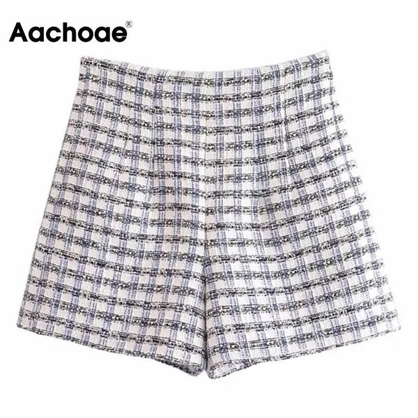 

women's shorts aachoae women vintage plaid tweed fashion high waist side zipper female casual bottoms mujer pantalones, White;black