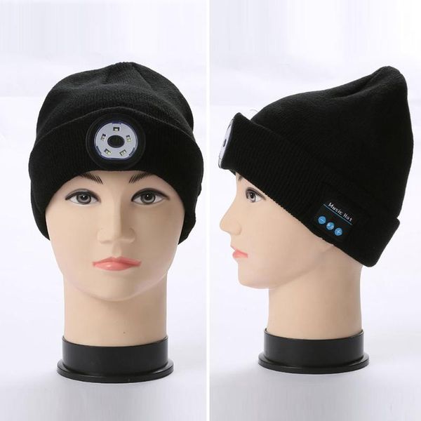 

rechargeable 4led fashion warm beanie bluetooth led hat wireless smart cap headset headphone speaker luminous knitted cycling caps & masks, Black