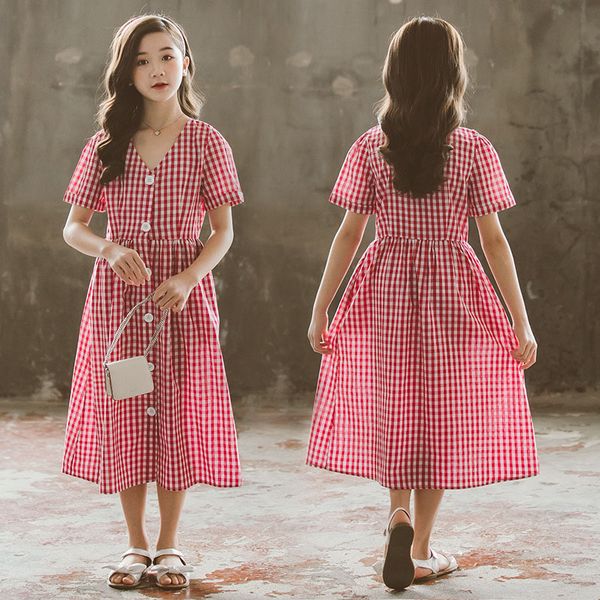 

2022 summer teenage girls dress long red plaid cotton casual dresses kids girl baby clothing fashion button dress kid 3-13 years, Red;yellow