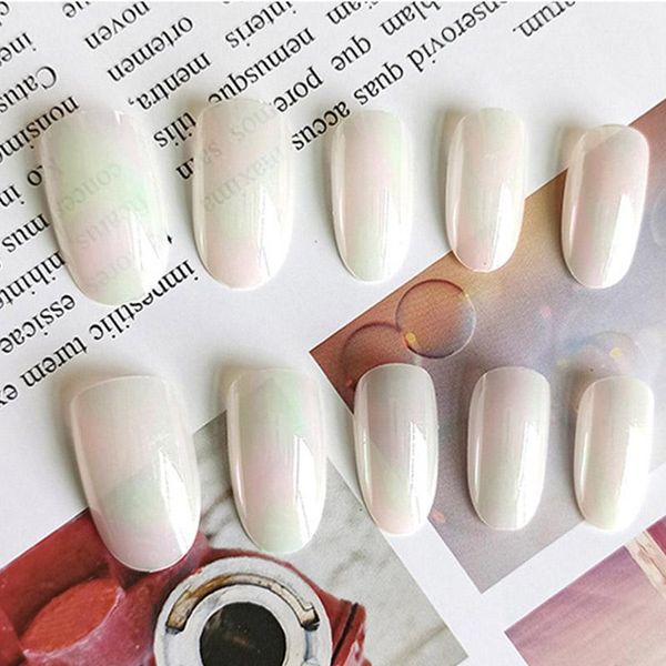 

false nails 24pcs fashion long style round head wearable fake patch oval aurora pearl magic color girls decor finished m88, Red;gold