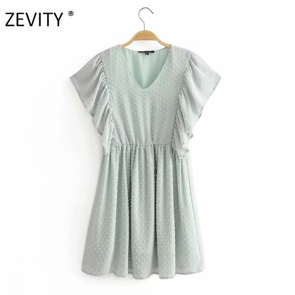 

zevity women fashion v neck dots stitching casual chiffon dress female pleats butterfly sleeve vestidos chic dresses ds4376 210419, Black;gray