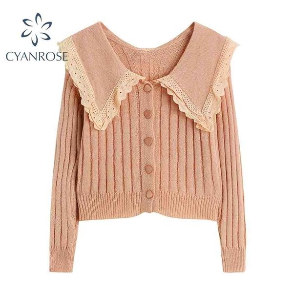 

vintage rib cardigan women's sweater peter pan collar knitwear female elegant spring korean chic loose ol ulzzang knit 210515, White