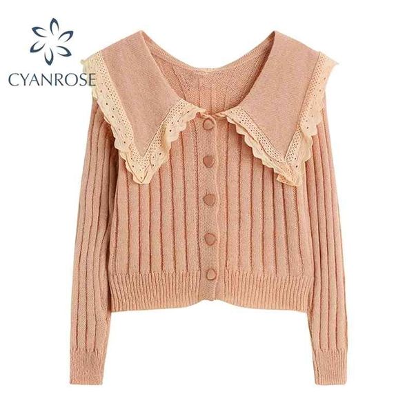 Cardigan a costine vintage Maglione da donna Collare alla Peter Pan Maglieria Donna Elegante primavera Coreano Chic Allentato OL Ulzzang Top in maglia 210515