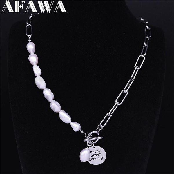 

punk never give up stainless steel freshwater pearls encourage language statement necklace jewelry colier femme n3706s01 pendant necklaces, Silver