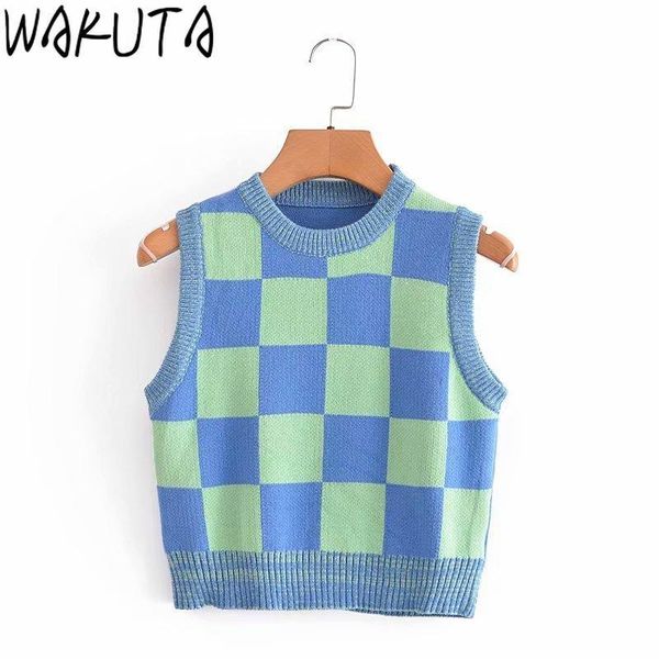 

women's vests wakuta ins chic color-hit plaid vest women fashion knitted crop 2021 autumn lazy street round neck sleeveless sweater, Black;white