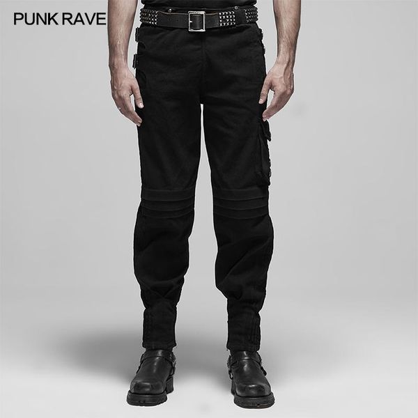 

men's pants punk rave military false two-piece crumple denim style hollow-carved design personality casual trousers, Black