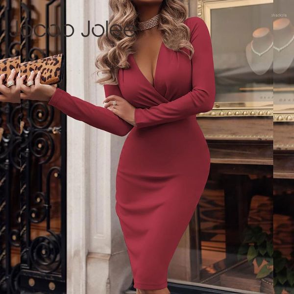 

jocoo jolee office lady pencil dress deep v neck long sleeve bodycon solid elegant high waist one piece oversiz casual dresses, Black;gray