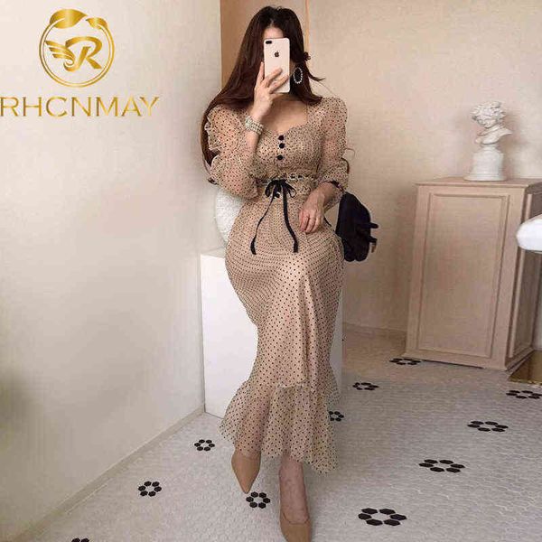 

korean women's dress fall 2021 square neck high waist lace trim stitching organza polka dot dress office ladies casual dresses y1204, Black;gray