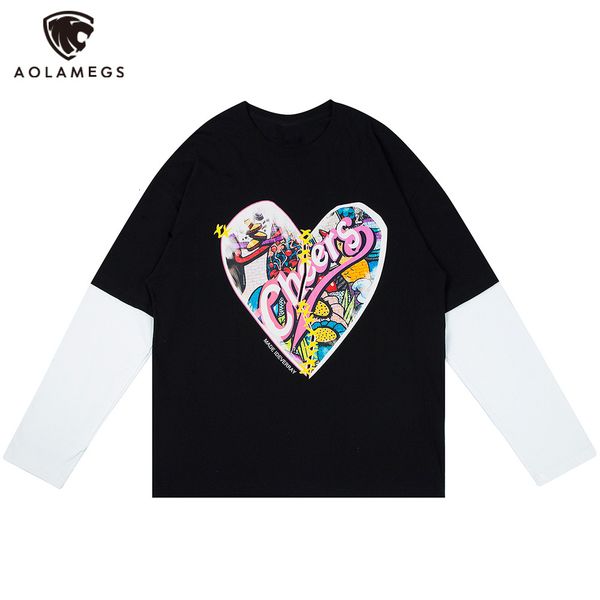 

men's polos aolamegs hip hop heart printing sh color fake male t-shirt 2 pieces harajuku high street college style streetwear couple, White;black