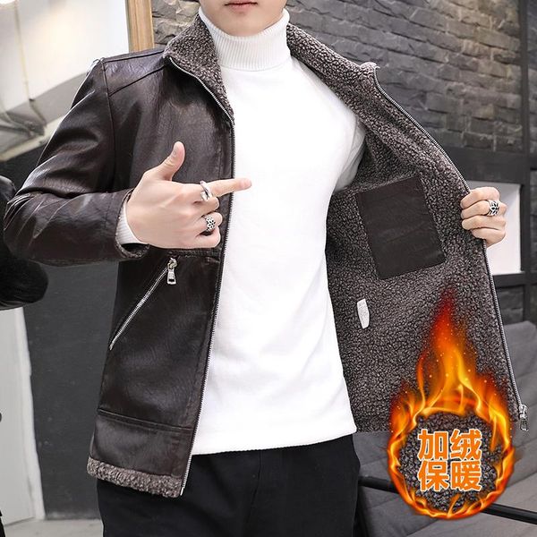 

men's jackets explosive autumn and winter leather jacket mid-length plus velvet warm fur coat for men clothing, Black;brown