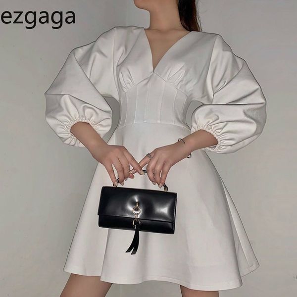 

ezgaga elegant dress women korean v-neck solid high waist long puff sleeve solid temperament party dress ladies vestidos 210430, Black;gray