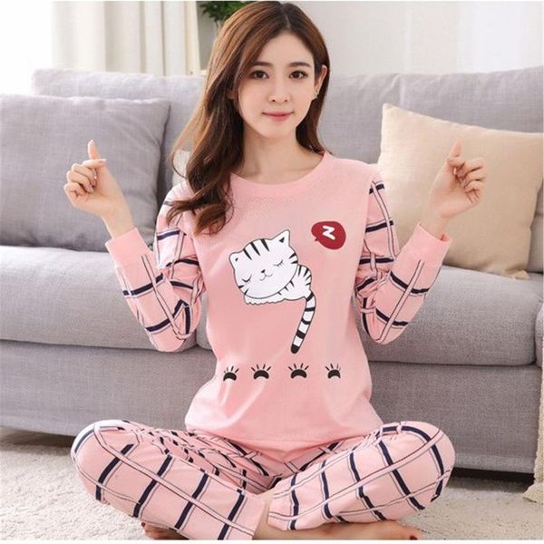 

women's two piece pants 2021 homewear woman o-neck loose long sleeves shirt + casual straight pajamas two-piece suit cute cat print set, White