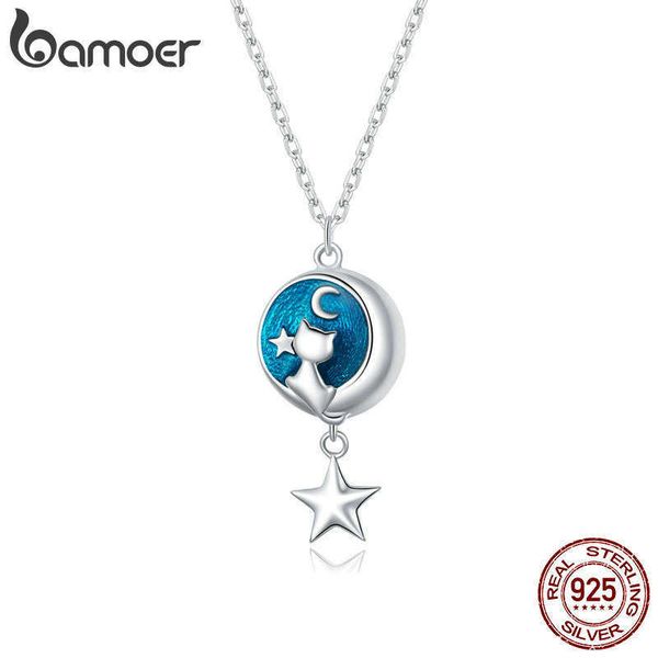 

designer necklace genuine 925 sterling silver geometricmoon & cat pendant for women lover couple jewelry gift 45cm scn422