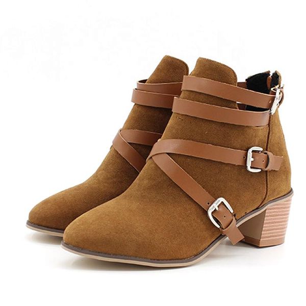 

boots classic women ankle fashion flock square heels zipper pure color booties pointed toe shoes heel warm *, Black