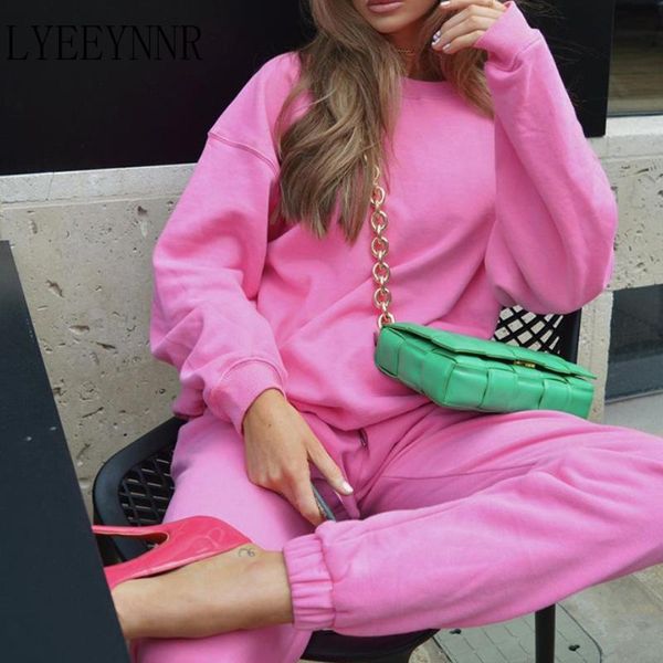 

women's two piece pants lyeeynnr pink sweatpants sets unicolor o neck long sleeve sweatshirt high waist fashion suits women set, White