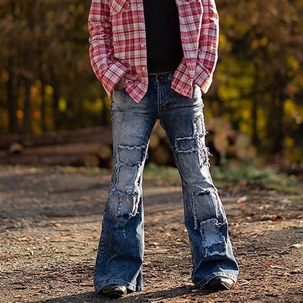 

men's jeans spijkerbroeken heren loose pants men pantalon large ripped flare elastic bell bottom flared mens man, Blue