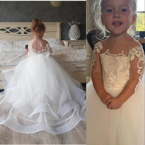 

2021 cute flower girls dresses white lace appliques tulle jewel neck long sleeves sweep train birthday communion children girl pageant gowns, White;blue