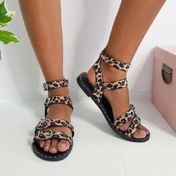 

summer women flat sandals leopard open toe ladies beach shoes rivet ankle strap platform roman sandalias mujer, Black
