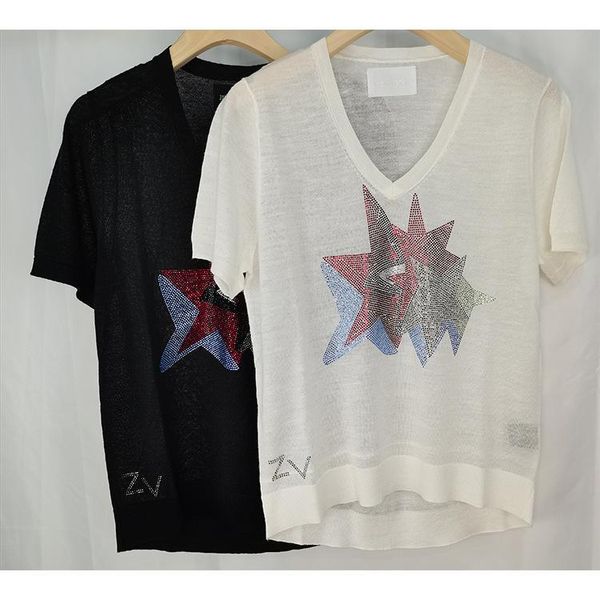 

women's t-shirt women summer v-neck solid color star rhinestone short sleeve shirt casual knitwear top, White