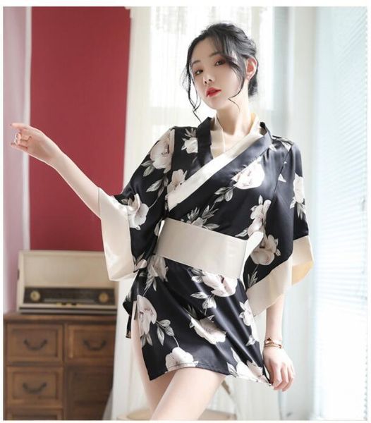 

cute japanese women sleepwear kimono print sets lingerie mini dress sleep set plus size womens clothing bridesmaid t pants, Black;red