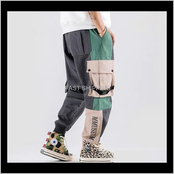

clothing apparel mens hip hop cargo pants streetwear color block patchwork harajuku pant jogger side pocket ribbon sweatpant trousers, Black