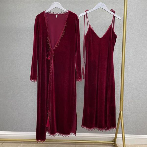 

women's sleepwear velour long 2pcs robe set femme loose kimono bathrobe gown nightwear with belt intimate lingerie loungewear, Black;red