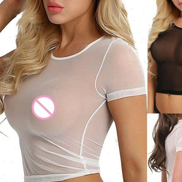 

womens shirts women see through transparent blouse sheer mesh short sleeve crop slim shirt ladies, White