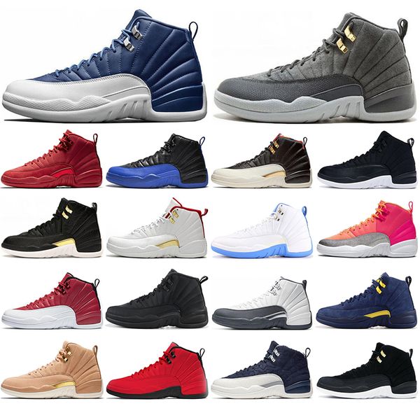 

2021 hiigh og jumpman 12 12s basketball shoes for women mens reptile midnight-black gym red taxi white grey trainers sports sneakers 40-47, White;red