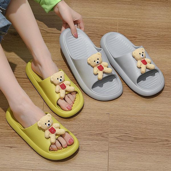 

slippers summer women floor flat shoes lovely bear indoor flip flops female non-slip bathroom home couples beach slides, Black