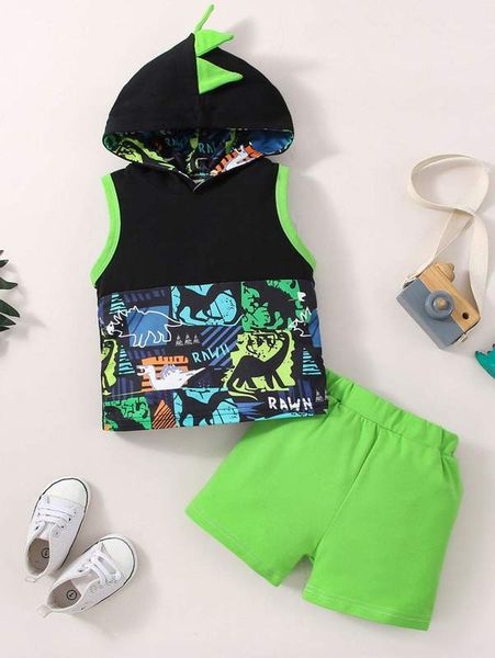 

baby dinosaur print contrast binding hooded tank & shorts she, White