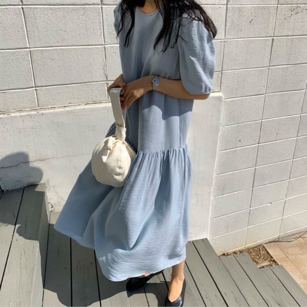 

casual dresses long ruffle women summer vintage cozy round collar half sleeve loose pullover es, Black;gray