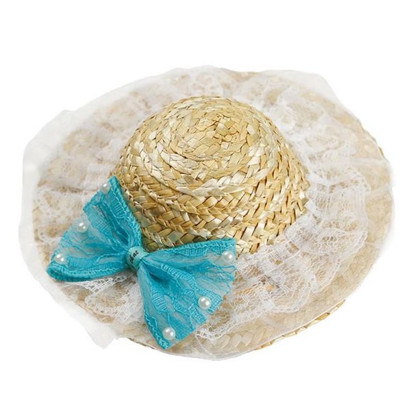 

dog apparel 1 pc cat straw hat puppy foreign farmer sunshade pets cap blue bow soft dogs holiday party outing cute caps