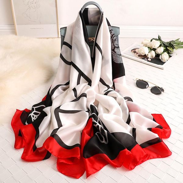 

scarves flower sunscreen satin fashion print silk bandanna autumn dustproof beach towel winter 180x90cm large shawls, Blue;gray
