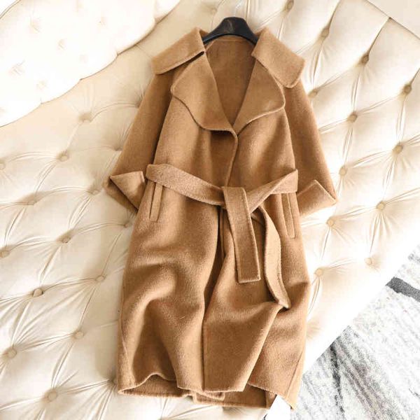 

women's wool & blends 100% spring womens coats winter cashmere coat alpaca plus size long woolen solid v-neck female overcoat l7ln, Black