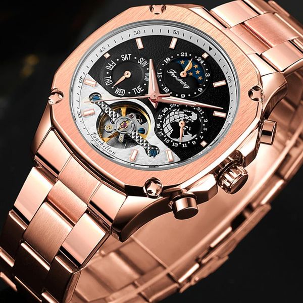 

forsining rose gold tourbillon mechanical watches male moonphase date stainless steel band automatic wristwatch erkek kol saati wristwatches, Slivery;brown