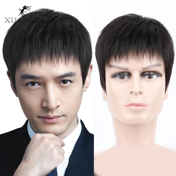 

synthetic wigs 100% hair handsome replacement films, men's short hairs,bald foreheads, real, Black