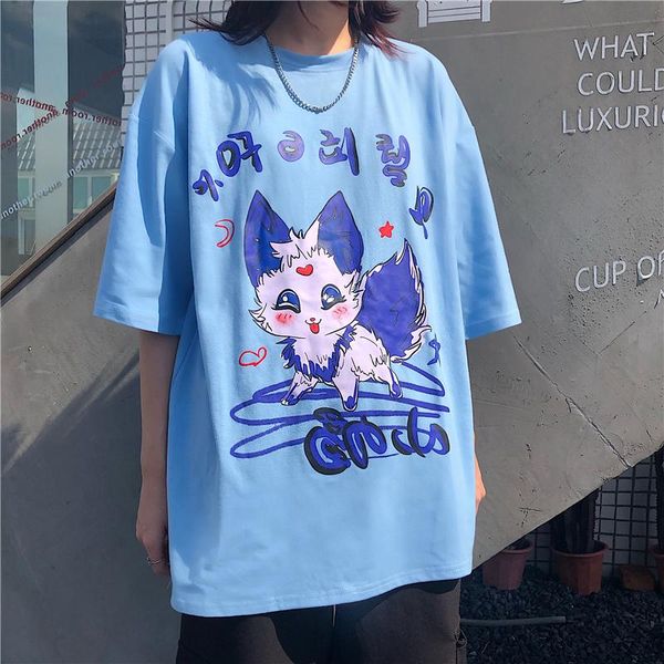 

women's t-shirt spring and summer korean retro japanese harajuku style cartoon print loose round neck short sleeve women, White