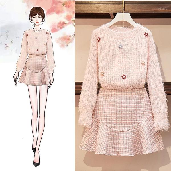 

web celebrity goddess western style suits flower knitting sweet wind tweed umbrella skirt suit women's tracksuits, Gray