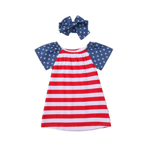 

girl's dresses kids girls independence day dress with headband, stripe star print short sleeve hair band for summer, Red;yellow