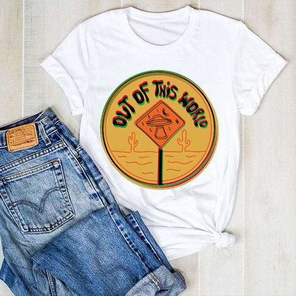 

summer cactus ufo cartoon print womens tee clothes graphic clothing, White