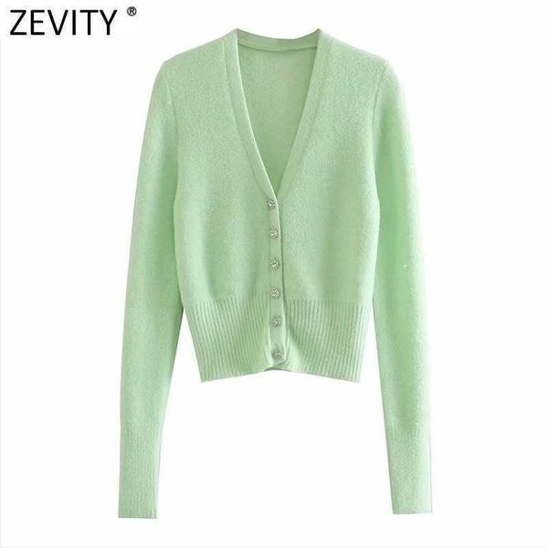 

zevity women fashion v neck solid color diamond buttons casual short knitting sweater femme chic long sleeve cardigans s554 210603, White;black