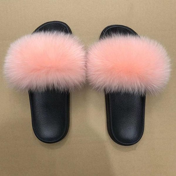 

slippers summer women natural fur real hair slides female furry indoor flip flops casual beach sandals fluffy plush shoe, Black