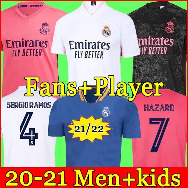 

madrid jerseys real 20 21 soccer football shirt hazard sergio ramos benzema asensio camiseta men + kids kit 2021 2022 fourth 4th humanrace, Black