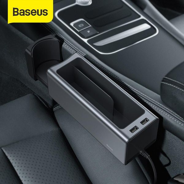 

baseus car seat organizer metal storage box with dual usb ports for cup holder center console