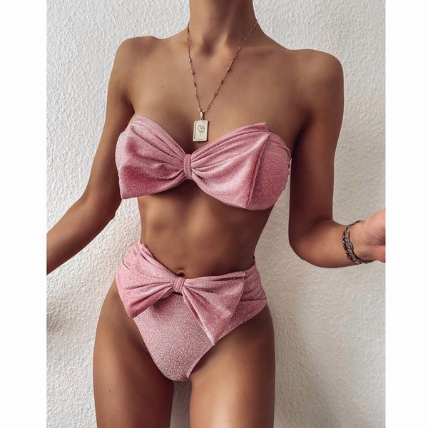 

bandeau swimsuit high waist bikini 2021 shining bikini set bow swimwear women bathing suit biquini swimming suit bikini setswimwear bathing, White;black