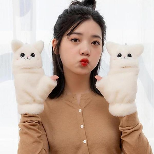 

five fingers gloves women' winter cute cartoon cats half finger flip over thick plush warm ski hiking wrist mittens girls windproof, Blue;gray