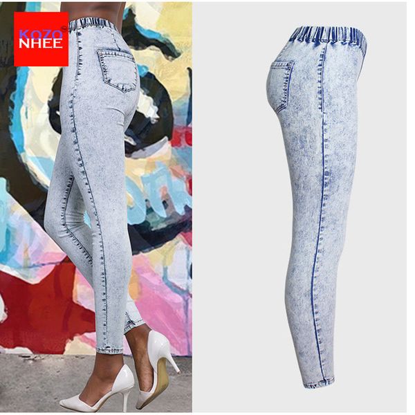 

snowflake skinny stretching women with elastic waist jeans stretch female narrow pencil thin slim pants large size, Blue
