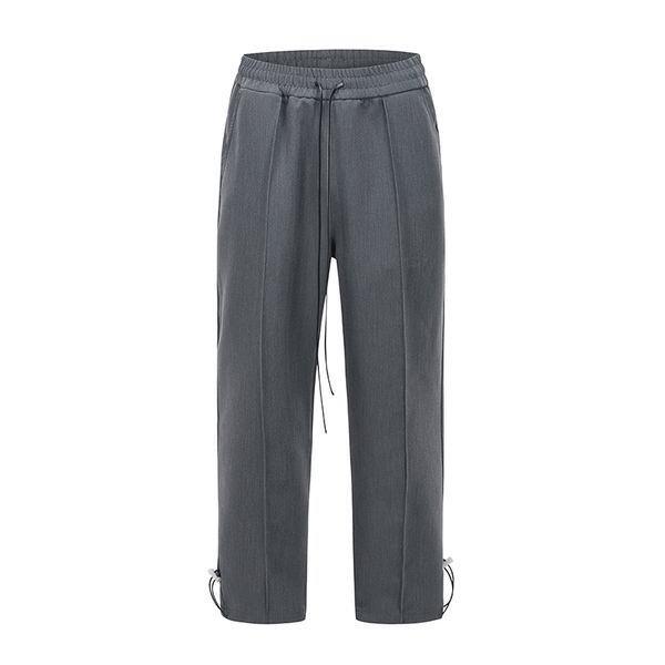 

high street solid drawstring pants mens straight oversize elastic waist wide leg casual trousers, Black
