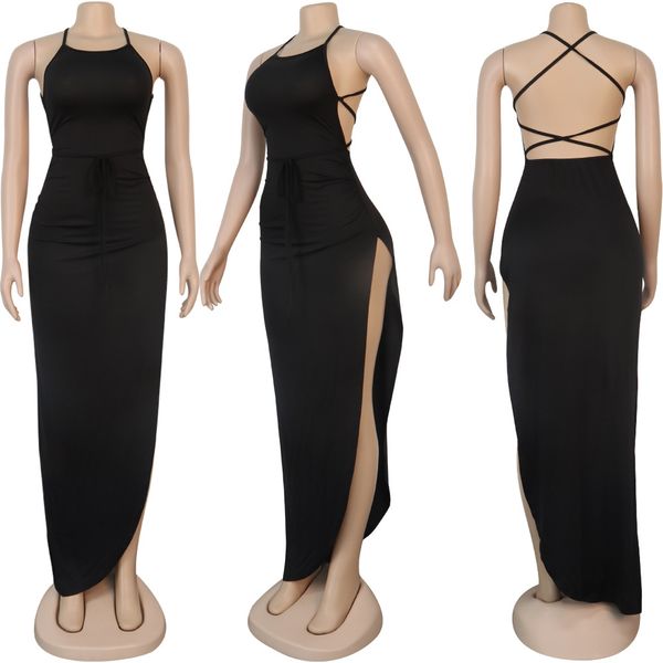

2021anjamanor black assymetric backless high split maxi dresses club outfits for women vacation beach clothes d35-bi24, Black;gray