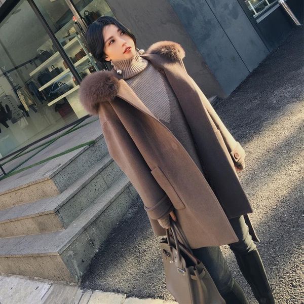 

women's wool & blends korean women autumn winter coats with cotton solid long sleeve hooded jackets furpockets outerwear fashion ol, Black